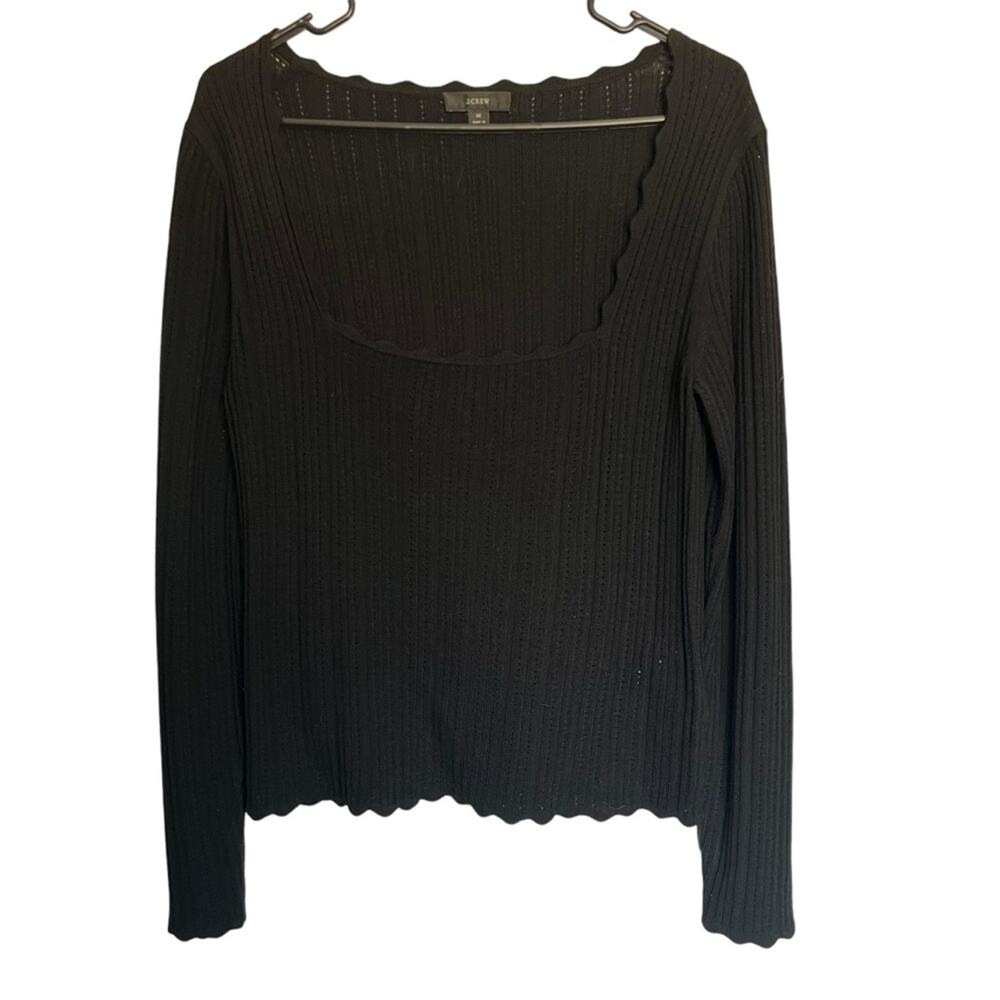 J. Crew Scalloped Squareneck Pointelle Sweater Top Black 100% Merino Wool Size M